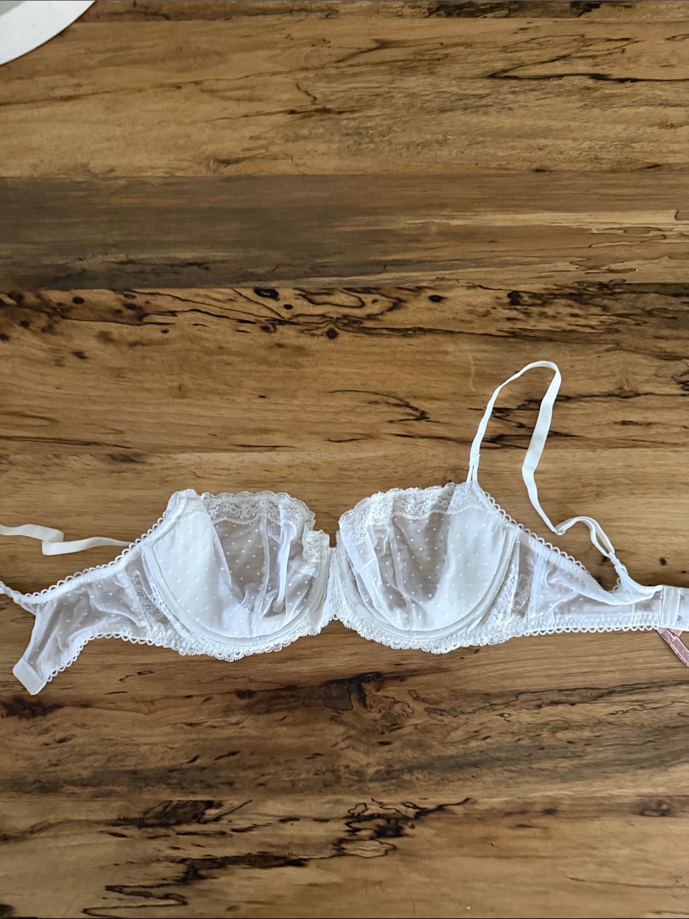 Sheer White Lace Underwire Bra with Dotted Mesh